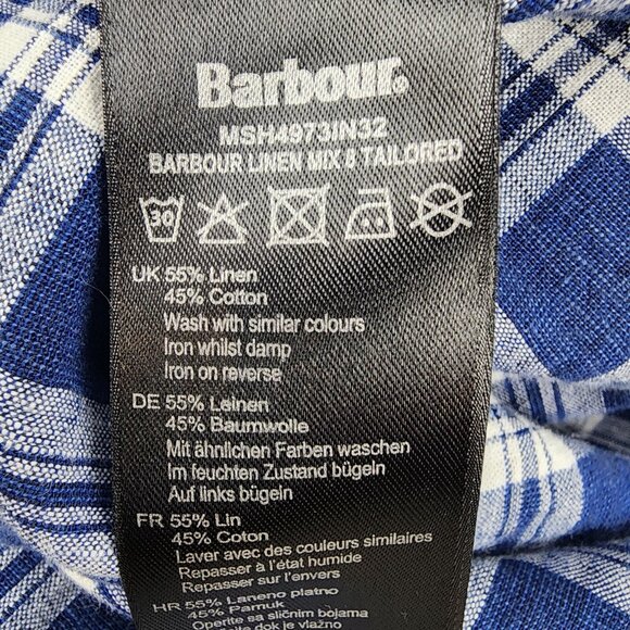 Barbour Shirt Mens Medium Check Tailored Fit Linen Blend L/S Blue Plaid Tartan - Picture 7 of 7